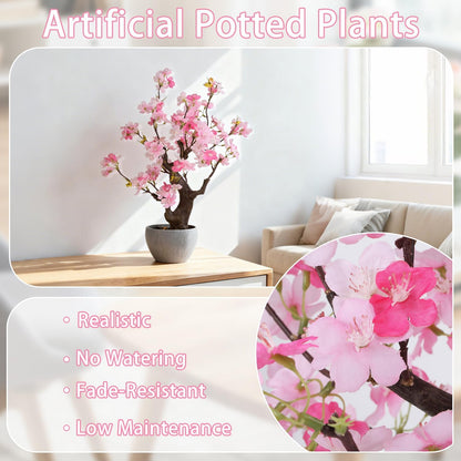 Artificial Pink Cherry Blossom Potted Plant with Stone Pot, 18" Tall Fake Flowers Faux Plants Desk Plant, Realistic Plants Home Indoor Decor for for Home Bedroom Bathroom Office Desk