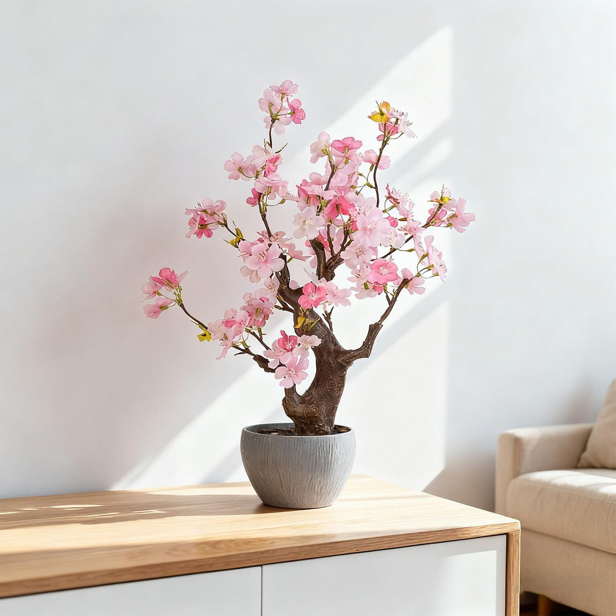 Artificial Pink Cherry Blossom Potted Plant with Stone Pot, 18" Tall Fake Flowers Faux Plants Desk Plant, Realistic Plants Home Indoor Decor for for Home Bedroom Bathroom Office Desk