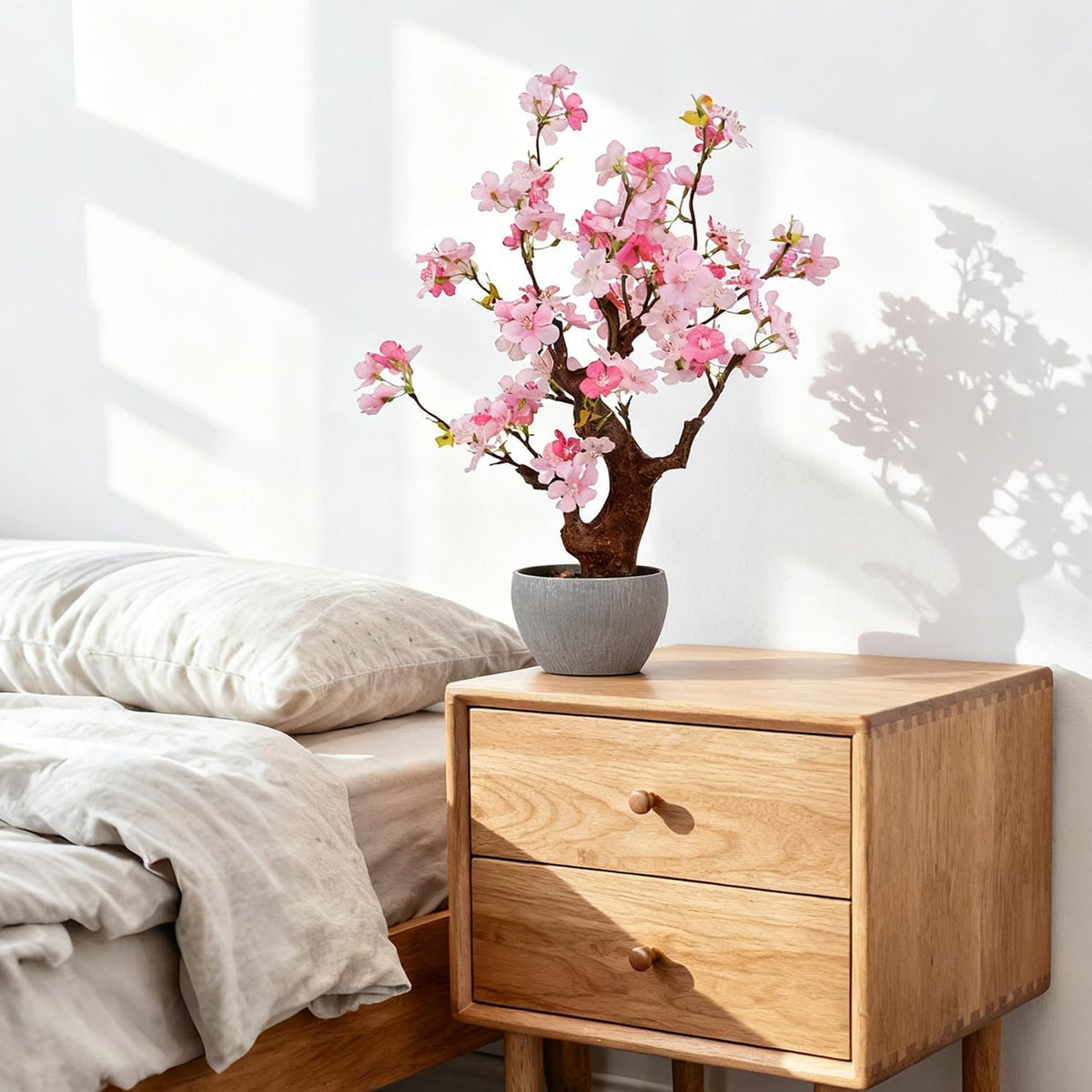 Artificial Pink Cherry Blossom Potted Plant with Stone Pot, 18" Tall Fake Flowers Faux Plants Desk Plant, Realistic Plants Home Indoor Decor for for Home Bedroom Bathroom Office Desk