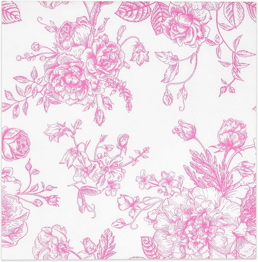 Pink Floral Toile Cocktail Napkins 100 Count Disposable 3 Ply Beverage Napkins Vintage Flower Party Wedding Bridal Shower Table Decor