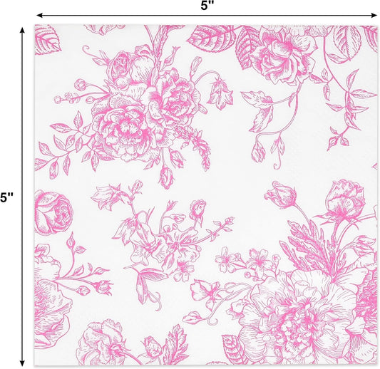 Pink Floral Toile Cocktail Napkins 100 Count Disposable 3 Ply Beverage Napkins Vintage Flower Party Wedding Bridal Shower Table Decor
