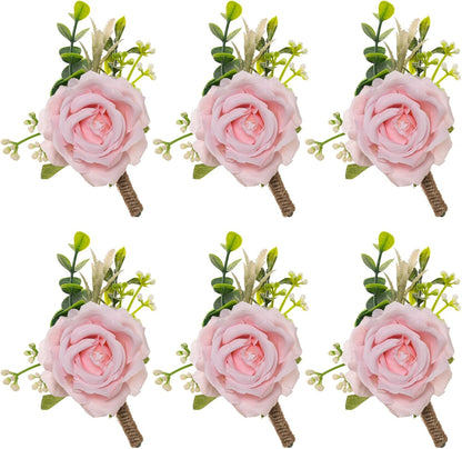 Ivory Rose Boutonniere for Men Wedding Set of 6 Groom Groomsmen Best Man Artificial Flowers Boutonniere for Wedding Ceremony Anniversary Prom Flowers Formal Dinner Party (6, Pink, Middle)
