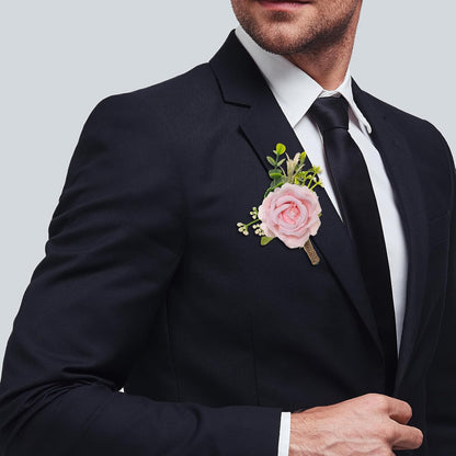 Ivory Rose Boutonniere for Men Wedding Set of 6 Groom Groomsmen Best Man Artificial Flowers Boutonniere for Wedding Ceremony Anniversary Prom Flowers Formal Dinner Party (6, Pink, Middle)