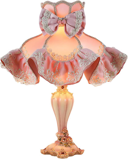 19.7" European Style Table Lamp Victorian Pink Bedside Lamps with Bow Fabric Shade and Hand-Carved Resin Base Classic Princess Desk Lamps for Bedroom Living Room Dining Room Home Decor