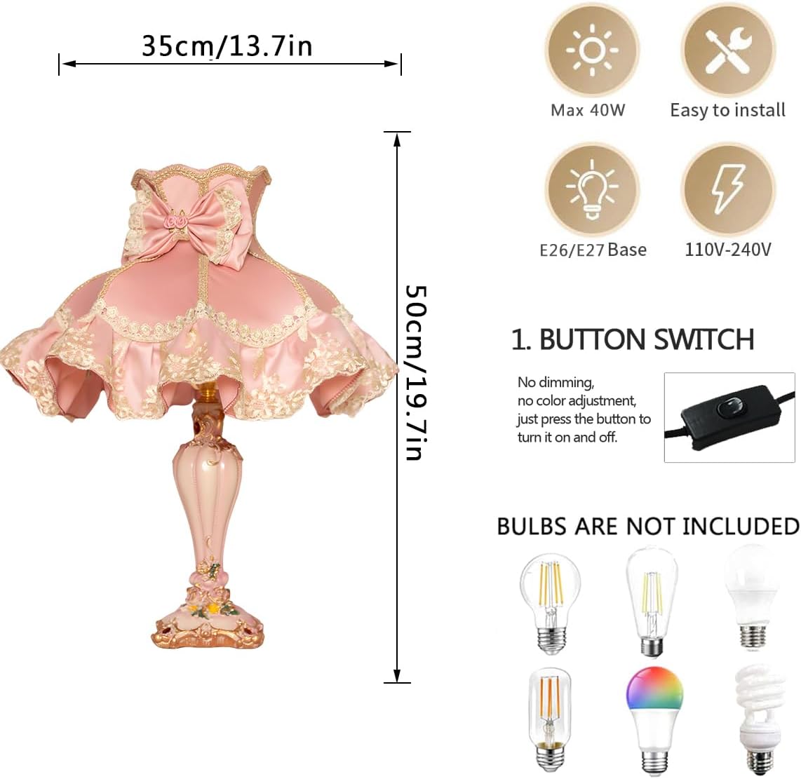 19.7" European Style Table Lamp Victorian Pink Bedside Lamps with Bow Fabric Shade and Hand-Carved Resin Base Classic Princess Desk Lamps for Bedroom Living Room Dining Room Home Decor