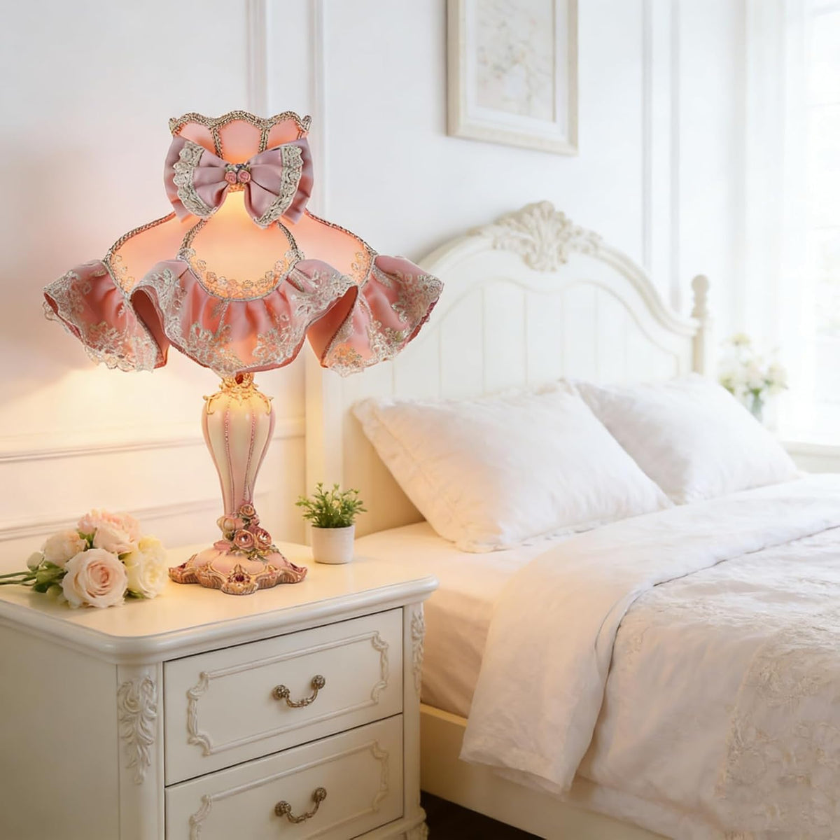 19.7" European Style Table Lamp Victorian Pink Bedside Lamps with Bow Fabric Shade and Hand-Carved Resin Base Classic Princess Desk Lamps for Bedroom Living Room Dining Room Home Decor