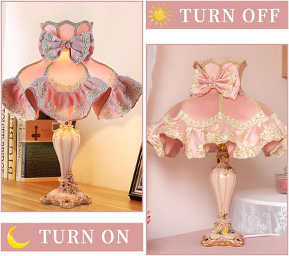 19.7" European Style Table Lamp Victorian Pink Bedside Lamps with Bow Fabric Shade and Hand-Carved Resin Base Classic Princess Desk Lamps for Bedroom Living Room Dining Room Home Decor