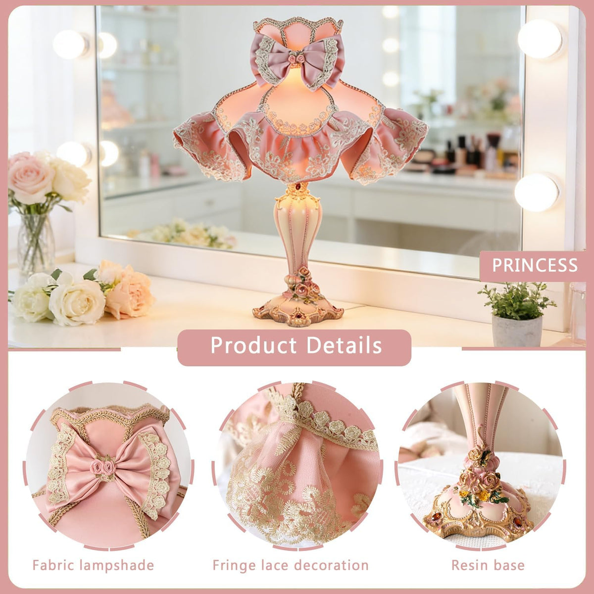 19.7" European Style Table Lamp Victorian Pink Bedside Lamps with Bow Fabric Shade and Hand-Carved Resin Base Classic Princess Desk Lamps for Bedroom Living Room Dining Room Home Decor