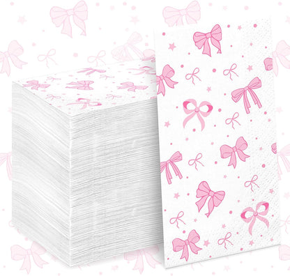 100PCS Pink Bow Napkins,Disposable Folded Paper Towel Bow Party Supplies for Birthday，Pink Napkins for Girls Coquette Birthday Baby Shower Party