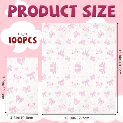 100PCS Pink Bow Napkins,Disposable Folded Paper Towel Bow Party Supplies for Birthday，Pink Napkins for Girls Coquette Birthday Baby Shower Party