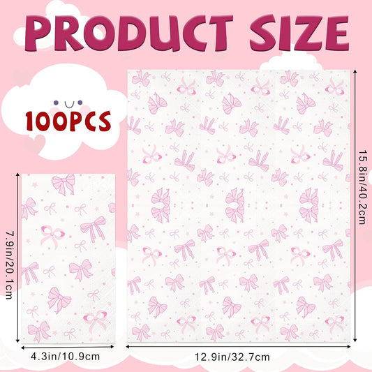 100PCS Pink Bow Napkins,Disposable Folded Paper Towel Bow Party Supplies for Birthday，Pink Napkins for Girls Coquette Birthday Baby Shower Party