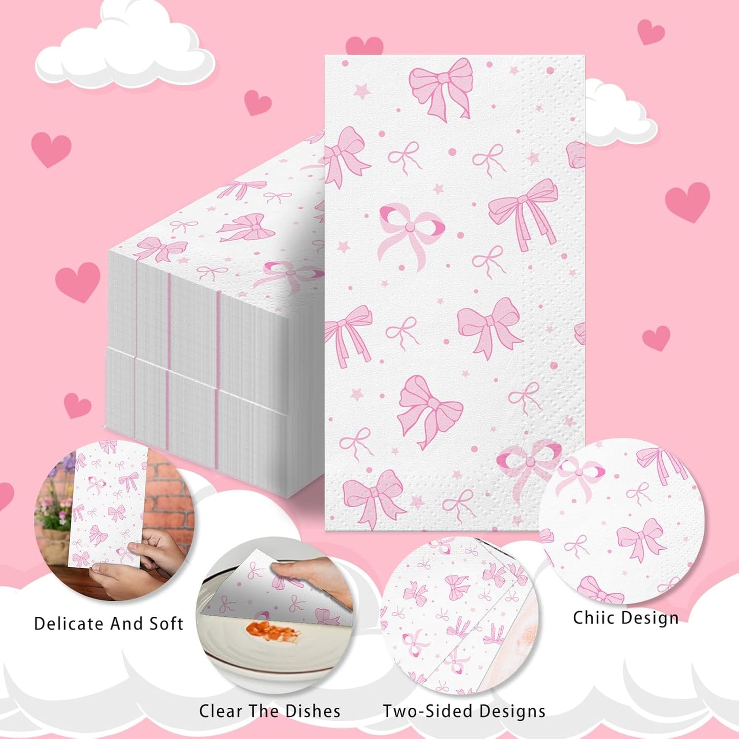 100PCS Pink Bow Napkins,Disposable Folded Paper Towel Bow Party Supplies for Birthday，Pink Napkins for Girls Coquette Birthday Baby Shower Party