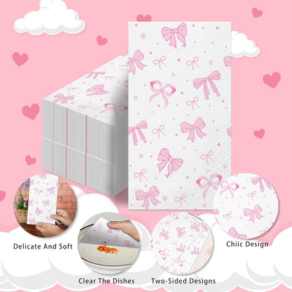100PCS Pink Bow Napkins,Disposable Folded Paper Towel Bow Party Supplies for Birthday，Pink Napkins for Girls Coquette Birthday Baby Shower Party