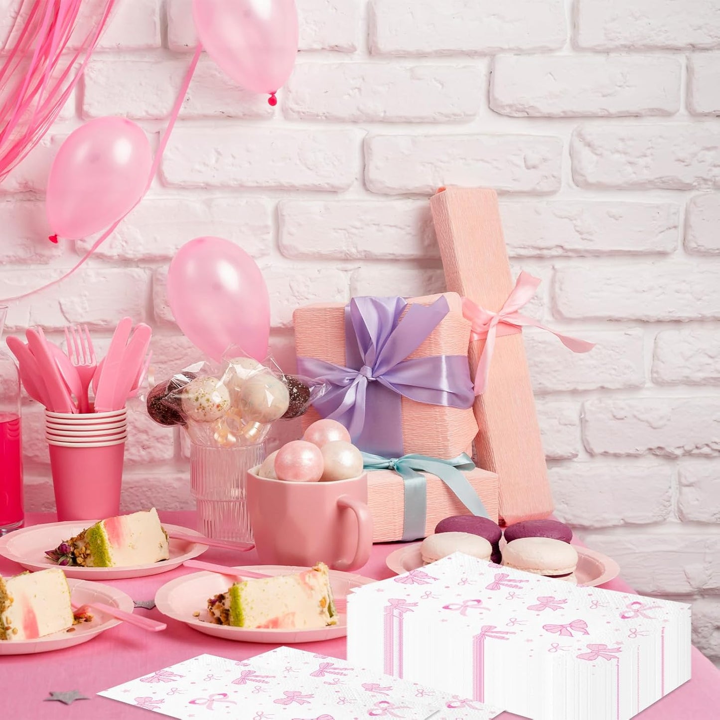 100PCS Pink Bow Napkins,Disposable Folded Paper Towel Bow Party Supplies for Birthday，Pink Napkins for Girls Coquette Birthday Baby Shower Party