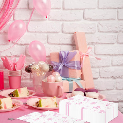 100PCS Pink Bow Napkins,Disposable Folded Paper Towel Bow Party Supplies for Birthday，Pink Napkins for Girls Coquette Birthday Baby Shower Party