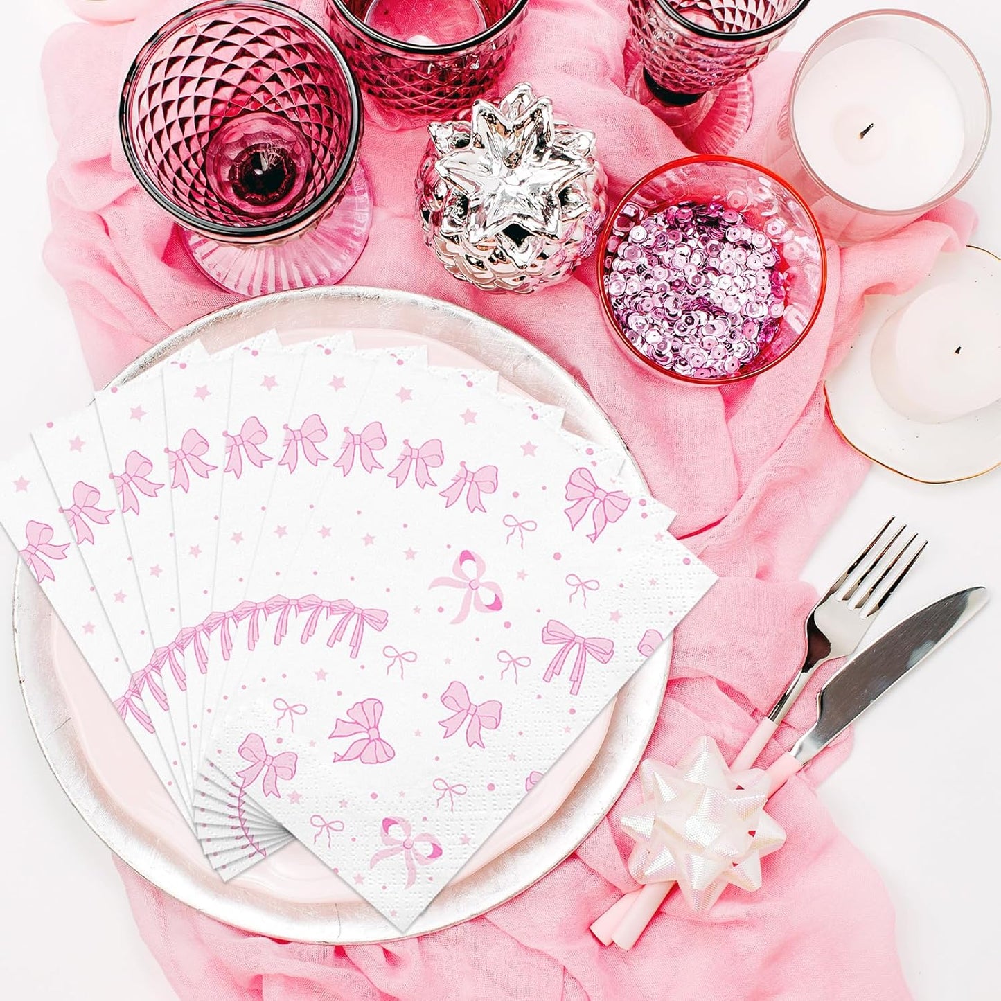 100PCS Pink Bow Napkins,Disposable Folded Paper Towel Bow Party Supplies for Birthday，Pink Napkins for Girls Coquette Birthday Baby Shower Party