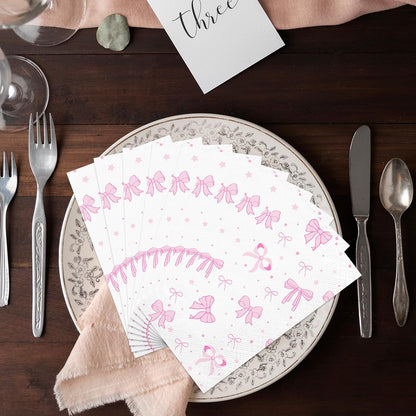 100PCS Pink Bow Napkins,Disposable Folded Paper Towel Bow Party Supplies for Birthday，Pink Napkins for Girls Coquette Birthday Baby Shower Party