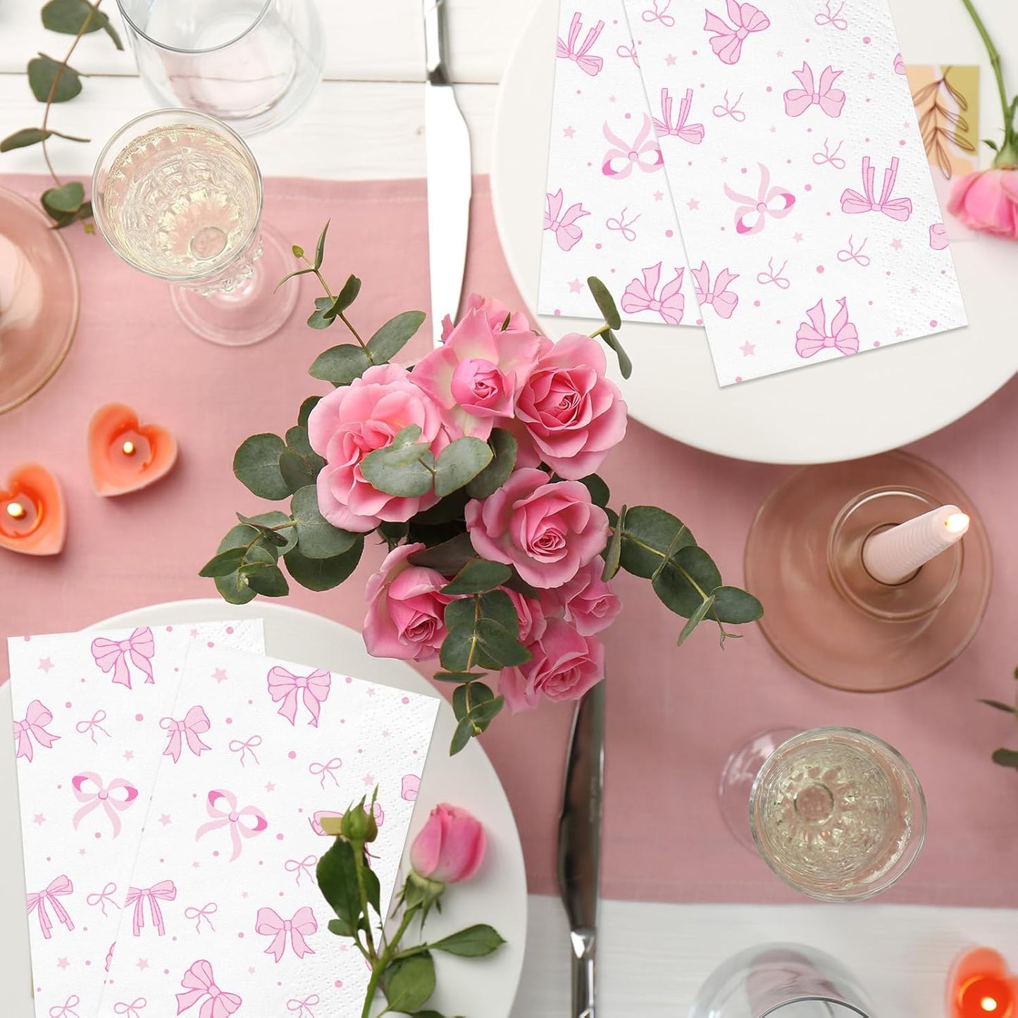 100PCS Pink Bow Napkins,Disposable Folded Paper Towel Bow Party Supplies for Birthday，Pink Napkins for Girls Coquette Birthday Baby Shower Party