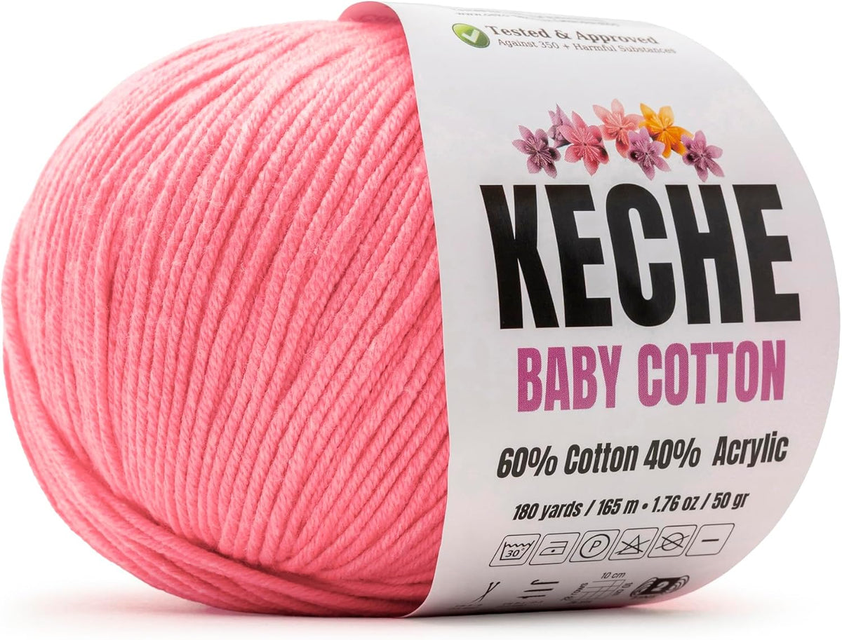 Baby Cotton, 60% Cotton 40% Acrylic Yarn, Soft Cotton Yarn for Crochet and Knitting, Amigurumi Yarn 1 Skein/Ball 1.76 Oz (50g) / 180 Yrds (165m) - Pink