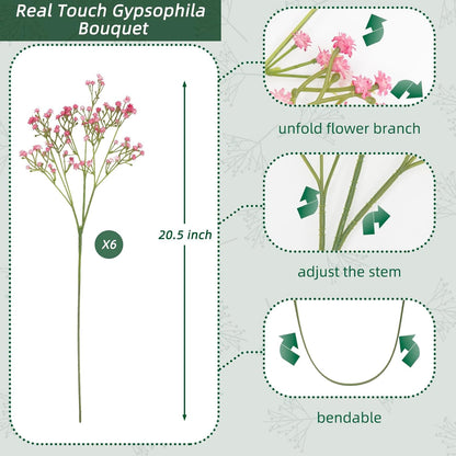 Pink Babys Breath Artificial Flowers, 6 Bunches UV Resistant Fake Flowers for Vase, 20.5 Inch Real Touch Gypsophila Bouquet Faux Babys Breath for Home Party, Table Centerpieces, Floral Arrangements