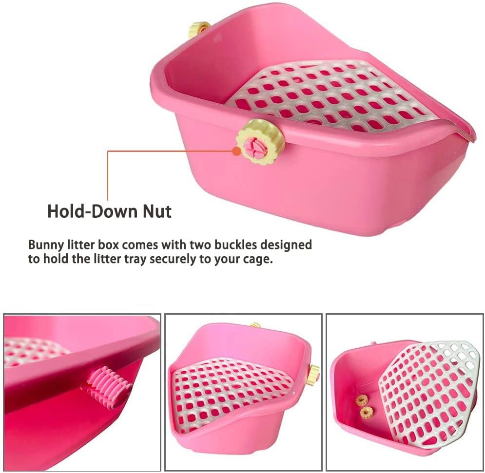 kathson Rabbit Litter Box Pet Toilet Cage Box Potty Trainer Corner with Small Animal Cage Cleaner Broom Brush Dustpan for Bunny Chinchilla Guinea Pig Ferret (Pink)