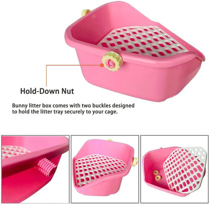 kathson Rabbit Litter Box Pet Toilet Cage Box Potty Trainer Corner with Small Animal Cage Cleaner Broom Brush Dustpan for Bunny Chinchilla Guinea Pig Ferret (Pink)