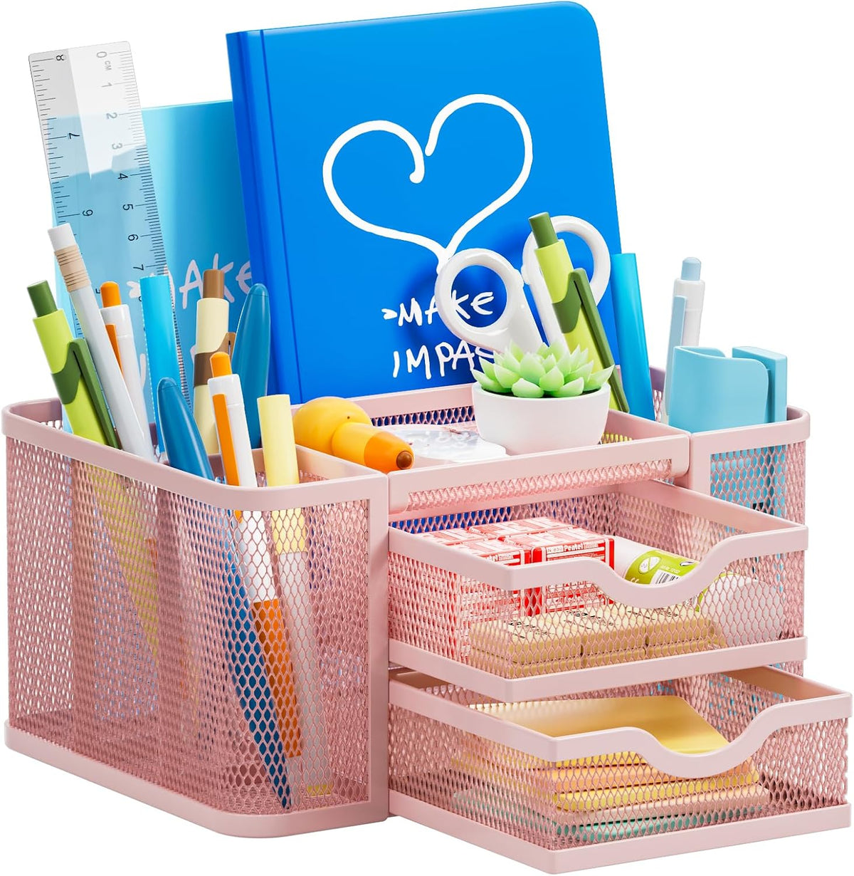 Mesh Desk Organizer, Pen Organizer with 2 Drawer, Multi-Functional Pencil Holder, Desk Organizers and Accessories with 5 Compartments + Drawer for Office Art Supplies (Pink)