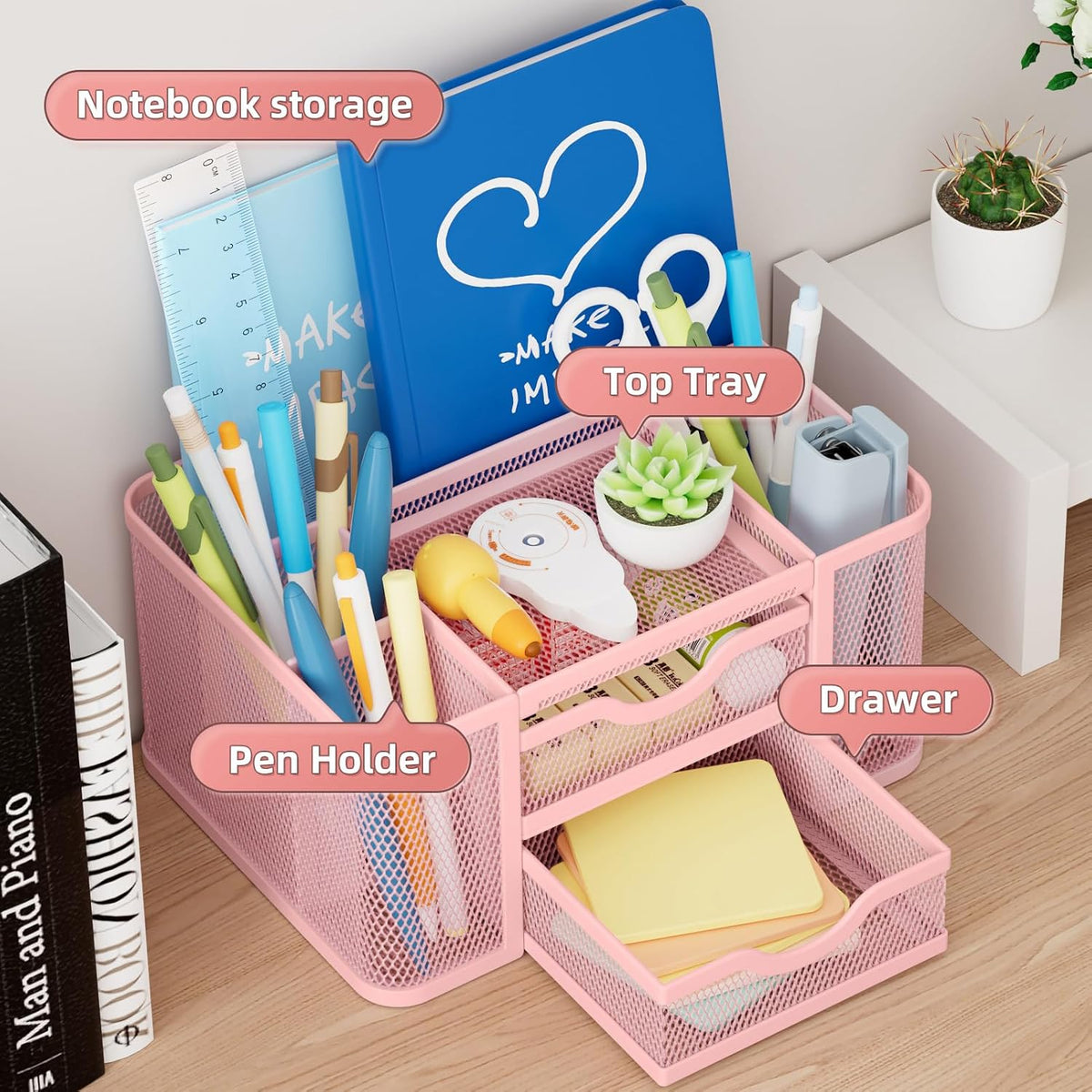 Mesh Desk Organizer, Pen Organizer with 2 Drawer, Multi-Functional Pencil Holder, Desk Organizers and Accessories with 5 Compartments + Drawer for Office Art Supplies (Pink)