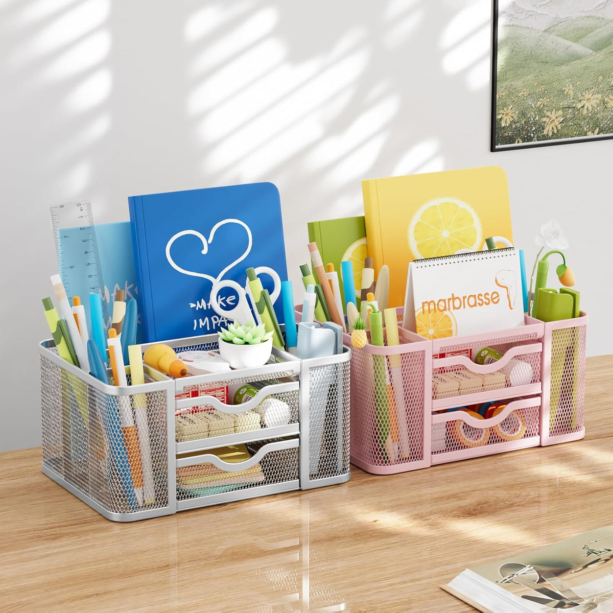 Mesh Desk Organizer, Pen Organizer with 2 Drawer, Multi-Functional Pencil Holder, Desk Organizers and Accessories with 5 Compartments + Drawer for Office Art Supplies (Pink)