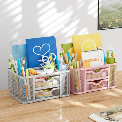 Mesh Desk Organizer, Pen Organizer with 2 Drawer, Multi-Functional Pencil Holder, Desk Organizers and Accessories with 5 Compartments + Drawer for Office Art Supplies (Pink)