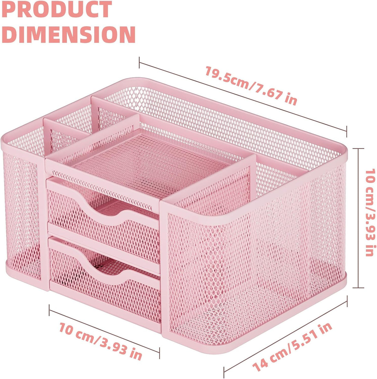 Mesh Desk Organizer, Pen Organizer with 2 Drawer, Multi-Functional Pencil Holder, Desk Organizers and Accessories with 5 Compartments + Drawer for Office Art Supplies (Pink)