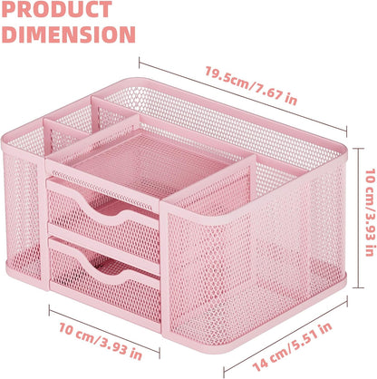 Mesh Desk Organizer, Pen Organizer with 2 Drawer, Multi-Functional Pencil Holder, Desk Organizers and Accessories with 5 Compartments + Drawer for Office Art Supplies (Pink)