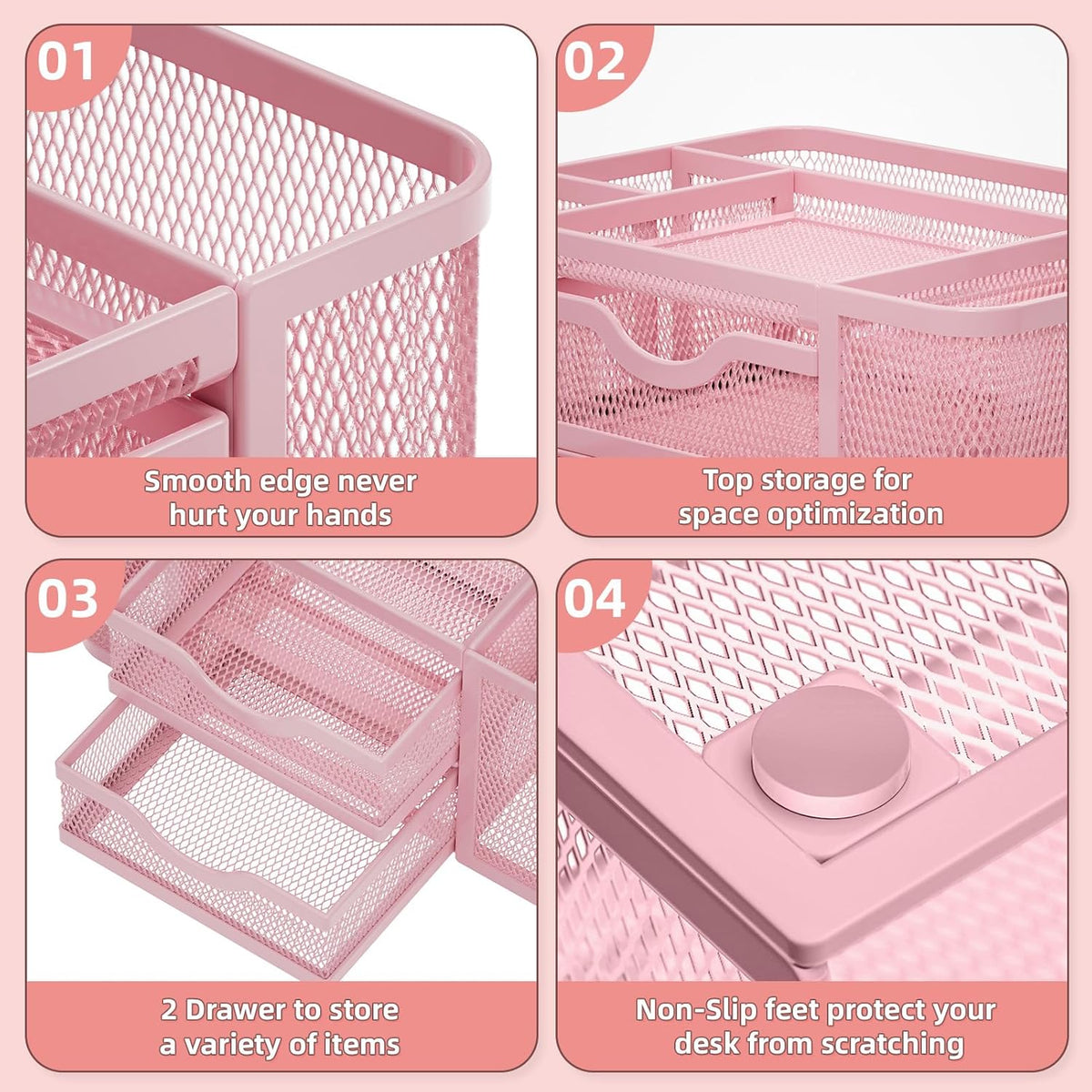 Mesh Desk Organizer, Pen Organizer with 2 Drawer, Multi-Functional Pencil Holder, Desk Organizers and Accessories with 5 Compartments + Drawer for Office Art Supplies (Pink)