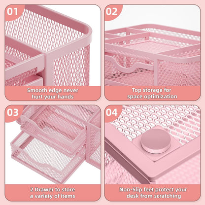 Mesh Desk Organizer, Pen Organizer with 2 Drawer, Multi-Functional Pencil Holder, Desk Organizers and Accessories with 5 Compartments + Drawer for Office Art Supplies (Pink)