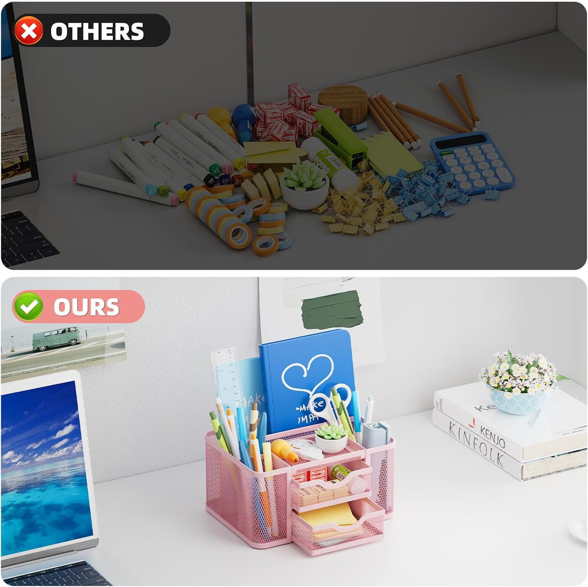 Mesh Desk Organizer, Pen Organizer with 2 Drawer, Multi-Functional Pencil Holder, Desk Organizers and Accessories with 5 Compartments + Drawer for Office Art Supplies (Pink)