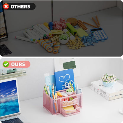 Mesh Desk Organizer, Pen Organizer with 2 Drawer, Multi-Functional Pencil Holder, Desk Organizers and Accessories with 5 Compartments + Drawer for Office Art Supplies (Pink)