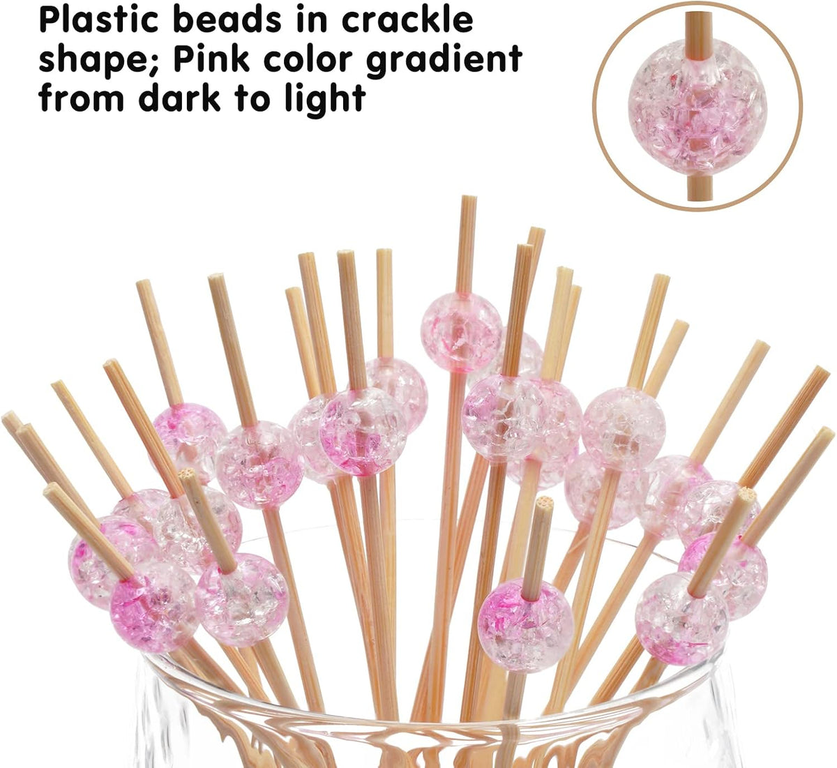 Light Pink Crackle Pearl Bamboo Cocktail Picks, Fancy Toothpicks