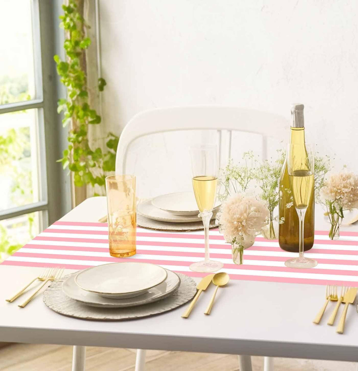 6 Pcs Striped Table Runner Plastic 14 x 108 Inch Disposable Light Pink and White Runner for Table Wedding Baby Shower Birthday Tabletop Centerpieces Decorations Striped Table Runners