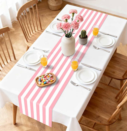 6 Pcs Striped Table Runner Plastic 14 x 108 Inch Disposable Light Pink and White Runner for Table Wedding Baby Shower Birthday Tabletop Centerpieces Decorations Striped Table Runners