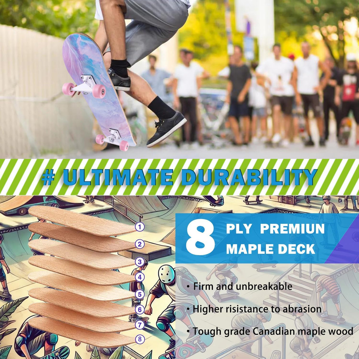 Skateboard,31 x 8 inch Complete Skateboards for Beginners,8 Layer Maple Concave Cruiser Trick Skate Board for Kids,Teens,Adults