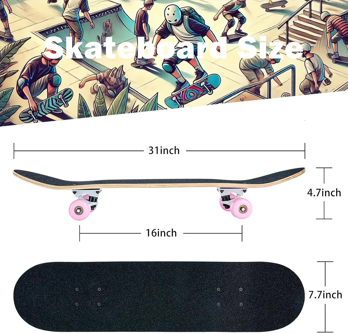 Skateboard,31 x 8 inch Complete Skateboards for Beginners,8 Layer Maple Concave Cruiser Trick Skate Board for Kids,Teens,Adults