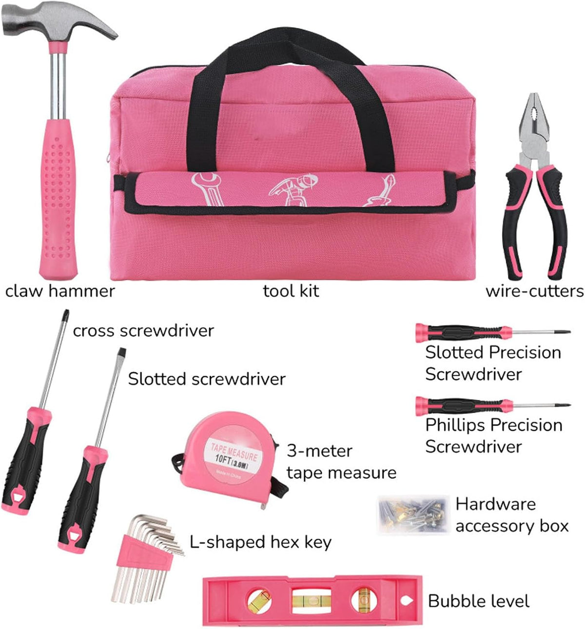 18 Piece Pink Home Repair Tool Kit, Ergonomic NonSlip Handles, Carbon Steel Heads, Essential Tools for Women DIY Household Projects (18Pcs)
