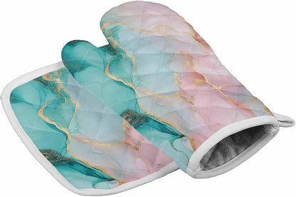 Quilted Cotton Terry Cloth Oven Mitt, Pot Holder Teal Light Pink Marble 2-Pack Kitchen Set, Heat insulation, Silicone Grip, Gift Set
