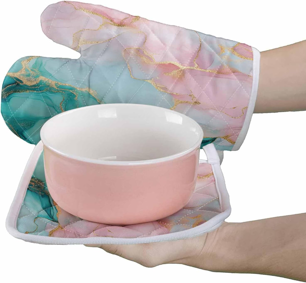 Quilted Cotton Terry Cloth Oven Mitt, Pot Holder Teal Light Pink Marble 2-Pack Kitchen Set, Heat insulation, Silicone Grip, Gift Set