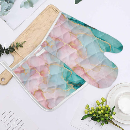 Quilted Cotton Terry Cloth Oven Mitt, Pot Holder Teal Light Pink Marble 2-Pack Kitchen Set, Heat insulation, Silicone Grip, Gift Set
