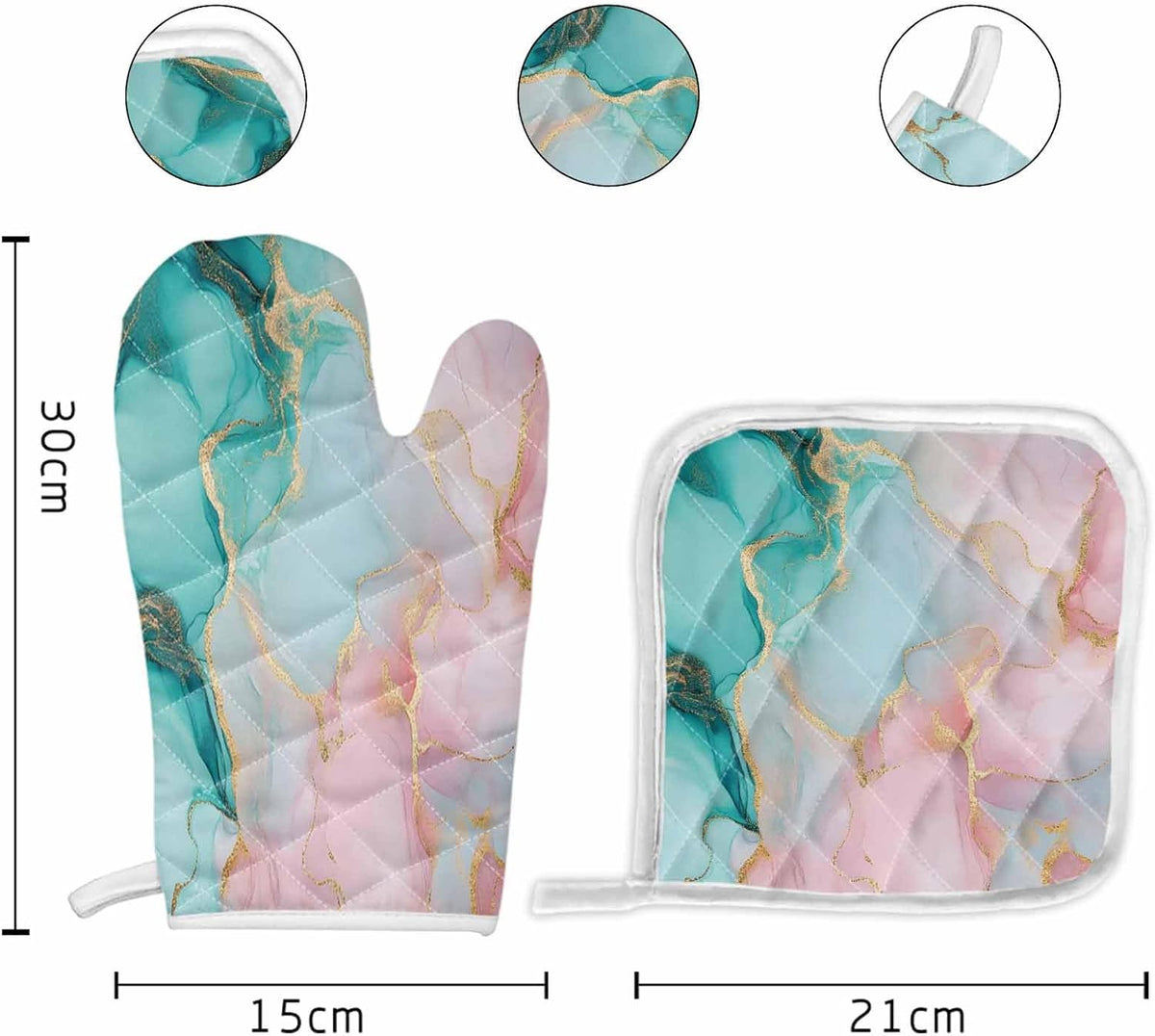 Quilted Cotton Terry Cloth Oven Mitt, Pot Holder Teal Light Pink Marble 2-Pack Kitchen Set, Heat insulation, Silicone Grip, Gift Set