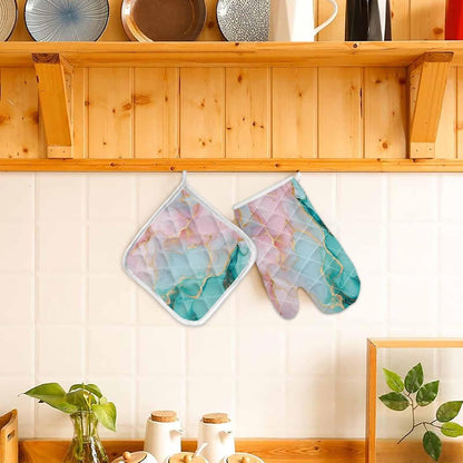 Quilted Cotton Terry Cloth Oven Mitt, Pot Holder Teal Light Pink Marble 2-Pack Kitchen Set, Heat insulation, Silicone Grip, Gift Set