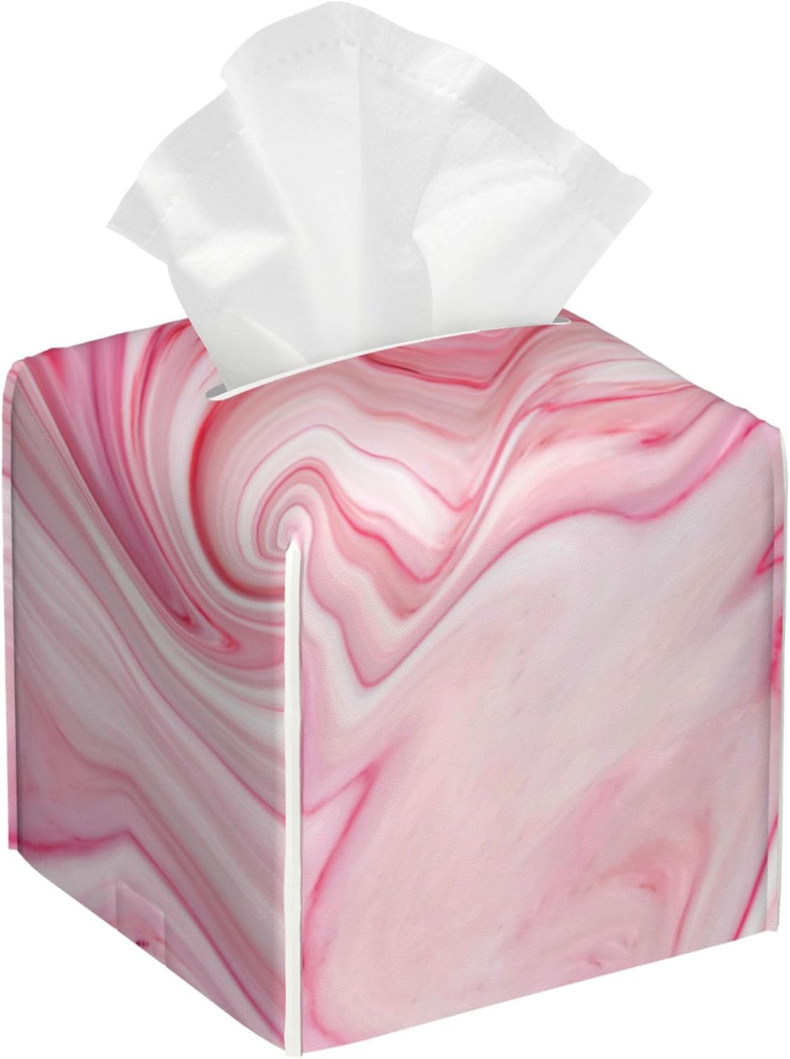 Pink Liquid Marble Tissue Box Cover Square, Tissue Box Holder with Bottom Belt Leather Facial Paper Organizer Dispenser for Bathroom Bedroom Dresser Night Stand Tabletop