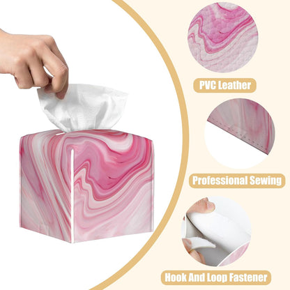 Pink Liquid Marble Tissue Box Cover Square, Tissue Box Holder with Bottom Belt Leather Facial Paper Organizer Dispenser for Bathroom Bedroom Dresser Night Stand Tabletop