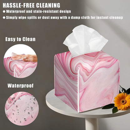 Pink Liquid Marble Tissue Box Cover Square, Tissue Box Holder with Bottom Belt Leather Facial Paper Organizer Dispenser for Bathroom Bedroom Dresser Night Stand Tabletop
